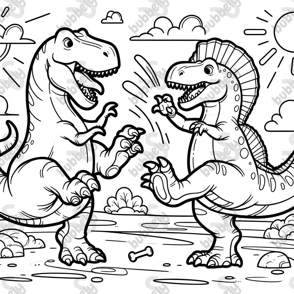 a t-rex battling a spinosaurus.