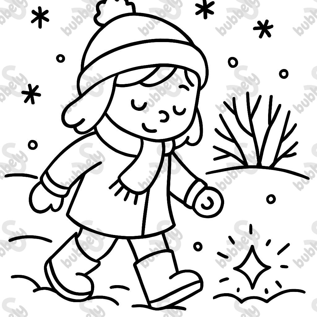 Black and white coloring page: Girl stomps through snowy garden, snowflakes falling, small sparkling stone in the snow, simple outlines, child-friendly, magical sparks around the stone