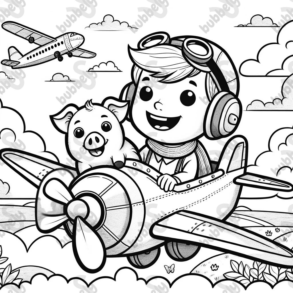 einen Jungen im Flugzeug mit seinem Kuschelschwein Rosi