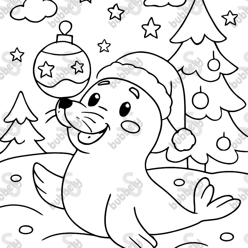 Phoque avec un chapeau de Noël et des décorations de Noël sur le nez Phoque avec un chapeau de Noël et des décorations de Noël sur le nez