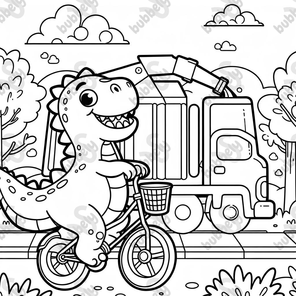 Dinosaur riding a bicycle passing a large garbage truck 