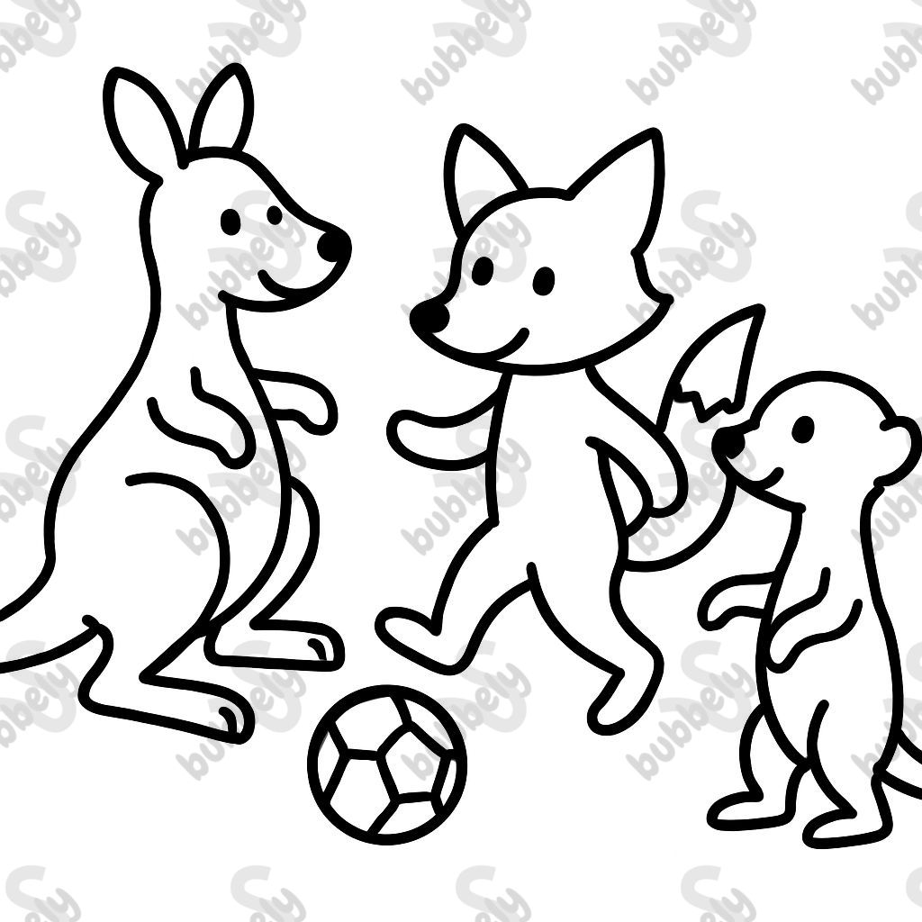 a football-playing kangaroo, a football-playing fox, and a football-playing meerkat