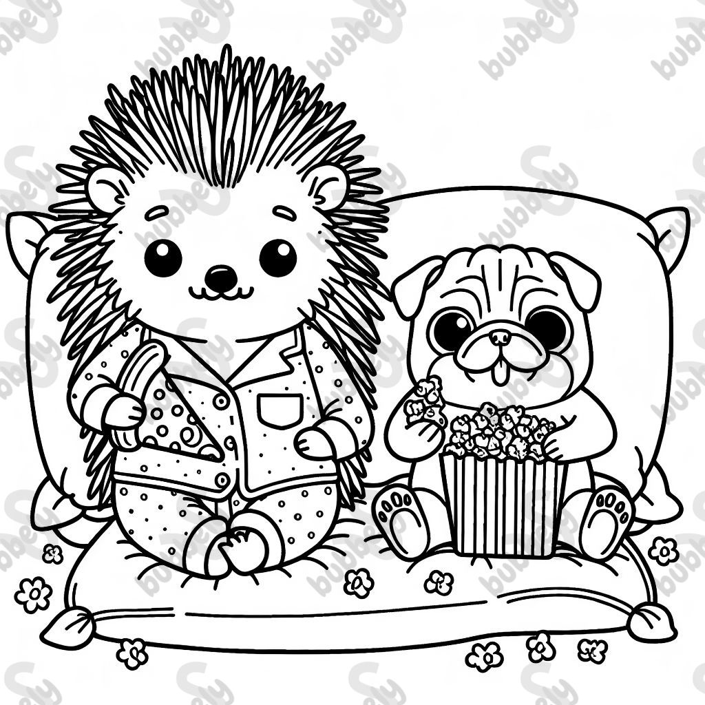 porcupine with a pug having popcorn and pizza in pajamas and pillows