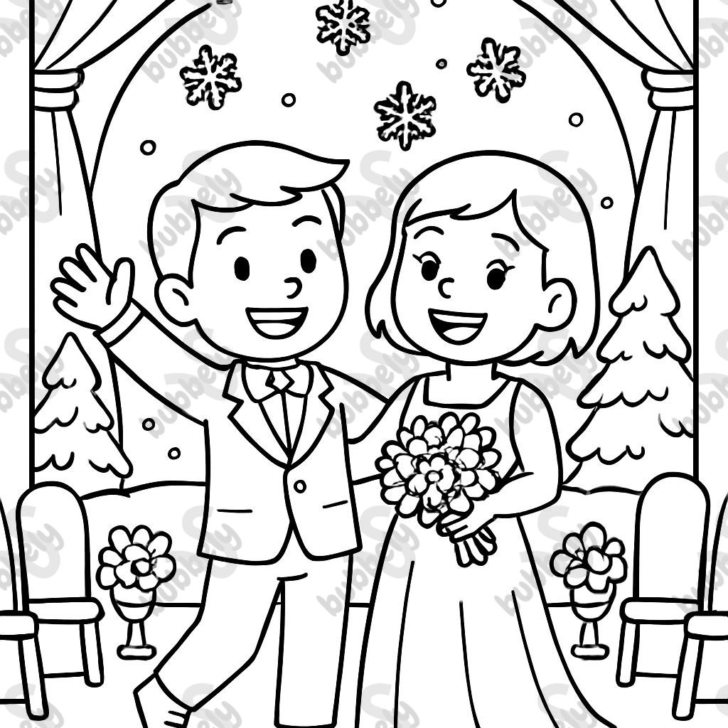 A couple on their wedding day, both with short hair, one in a suit and the other in a dress. They should be in a wedding venue that is not a church during the winter. The feminine person is not wearing a veil.