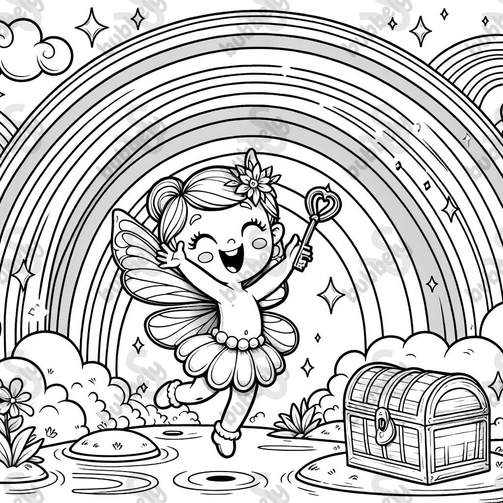 A fairy dancing on a rainbow with a key and treasure.