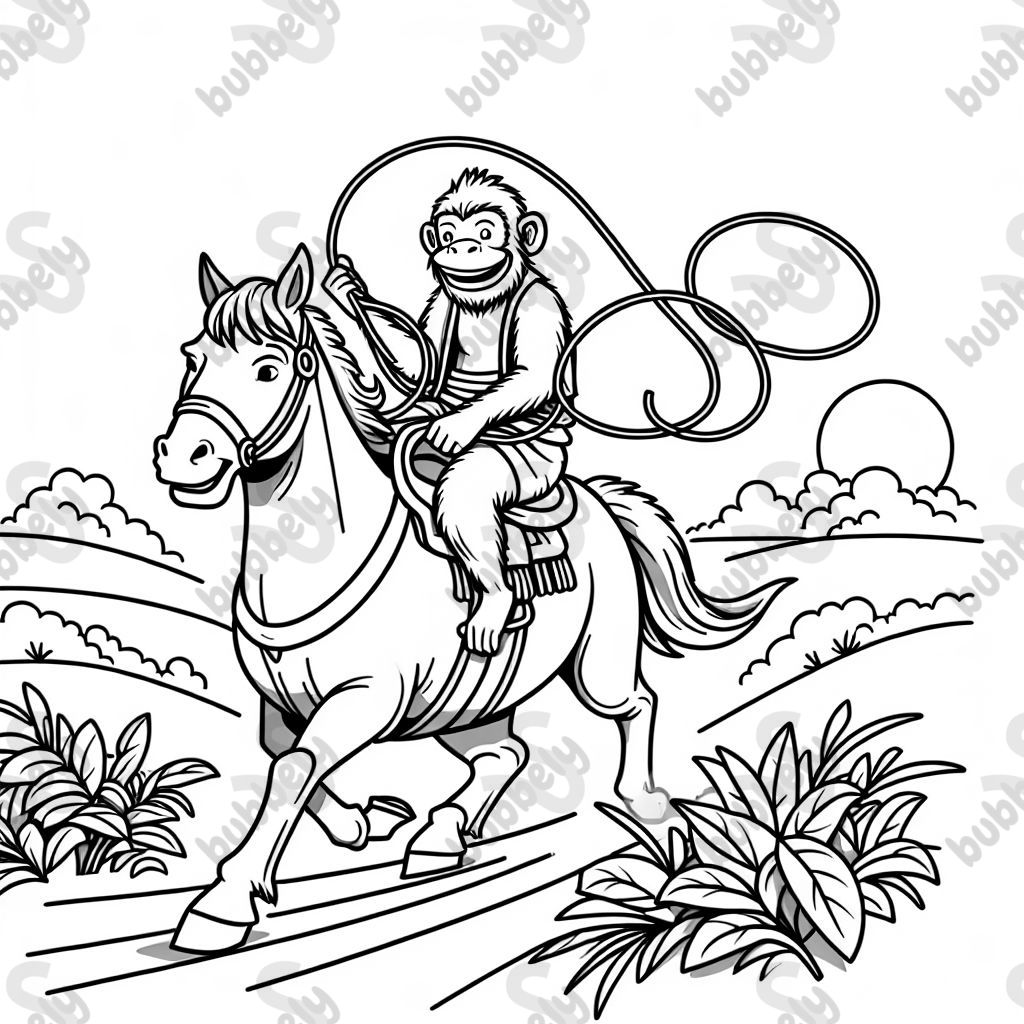 A monkey on a horse with a lasso