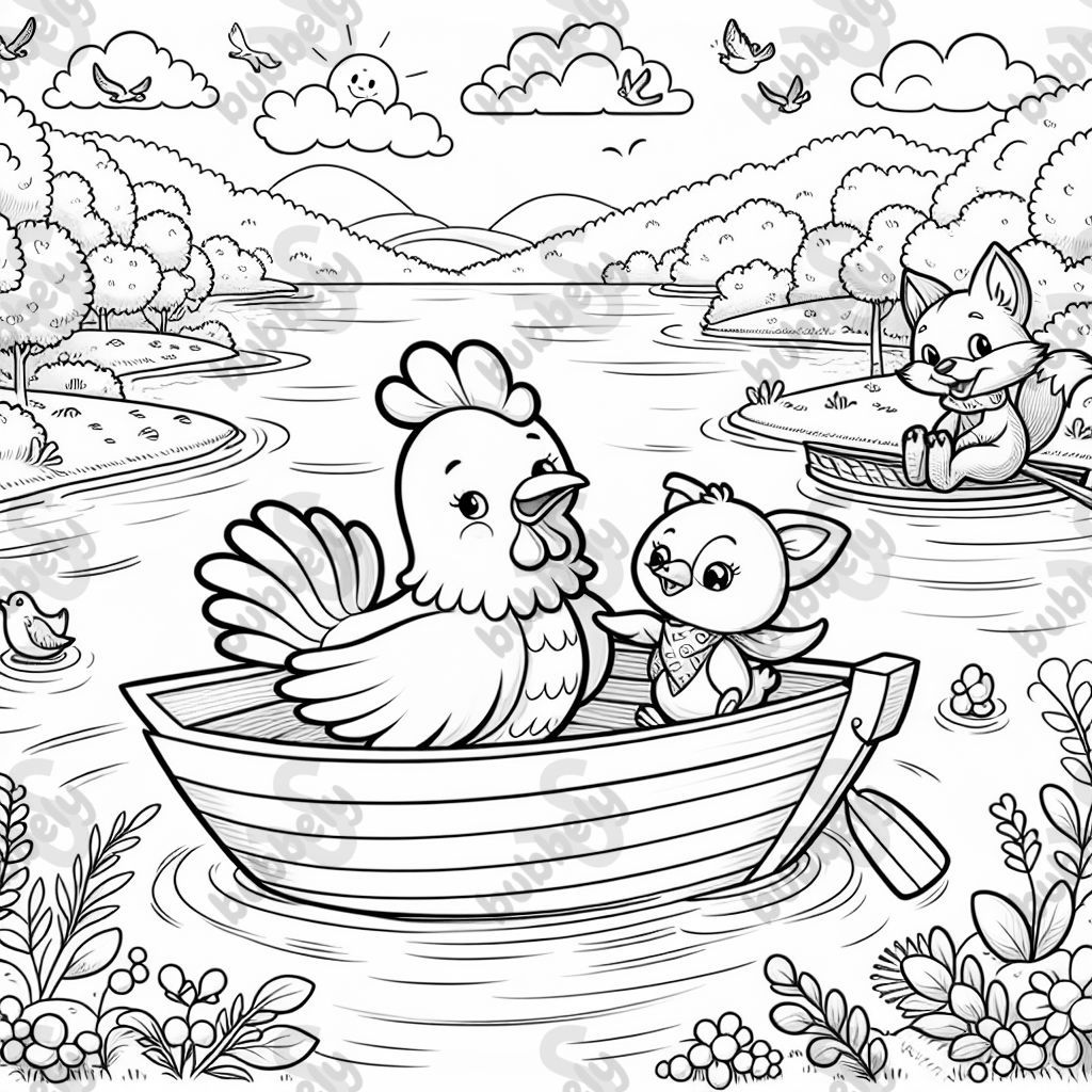 A chicken in a boat with a stuffed fox