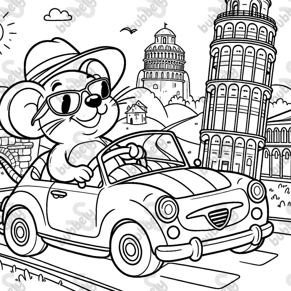 mouse driving a car in Italy wearing a hat and sunglasses