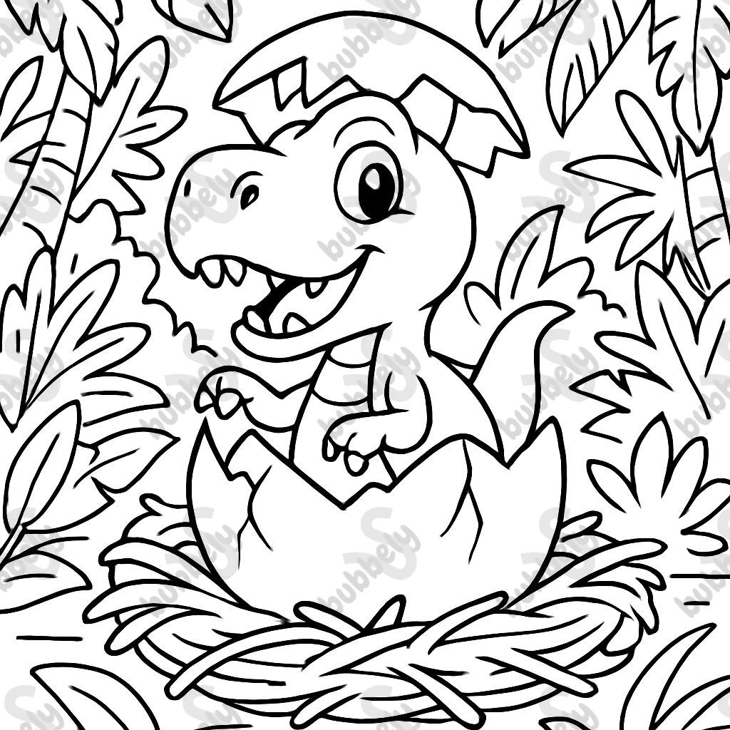 A little T-Rex peeking out of a halved egg. The egg is in a nest. The nest is in a jungle.