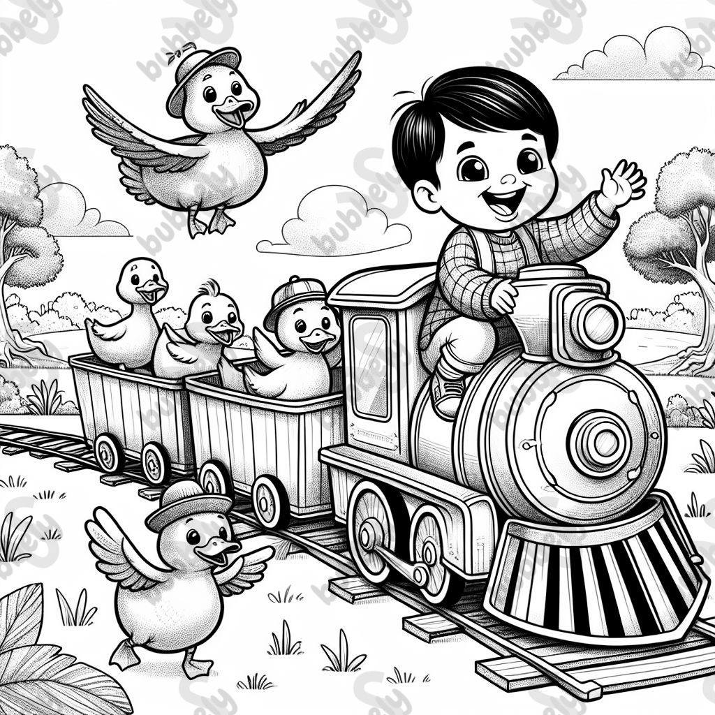 Toddler boy and ducks riding a train