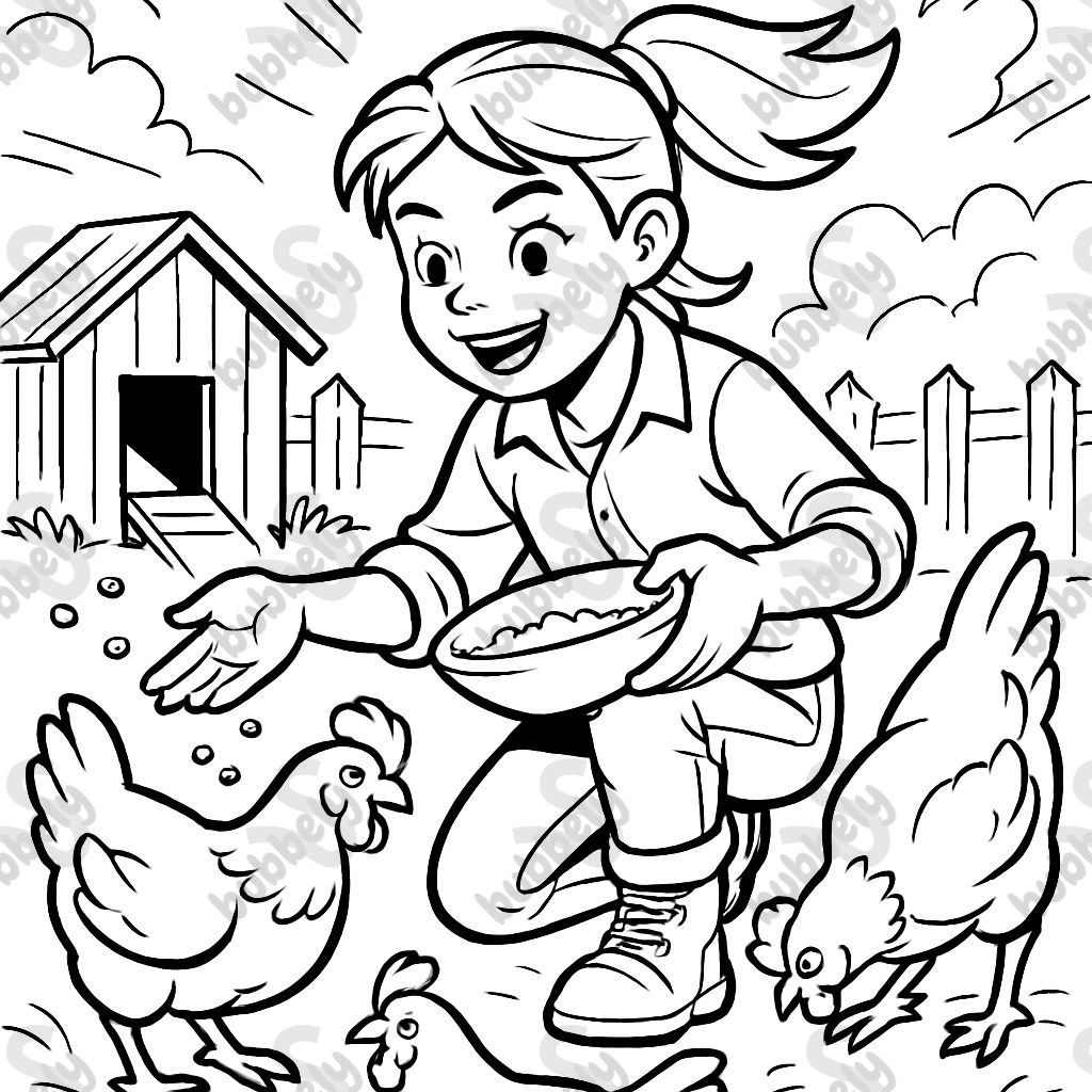 Detailed photo of a girl taking care of her chickens.