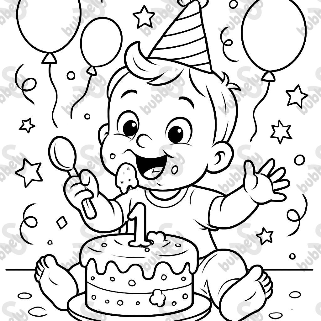 1st birthday boy eating cake