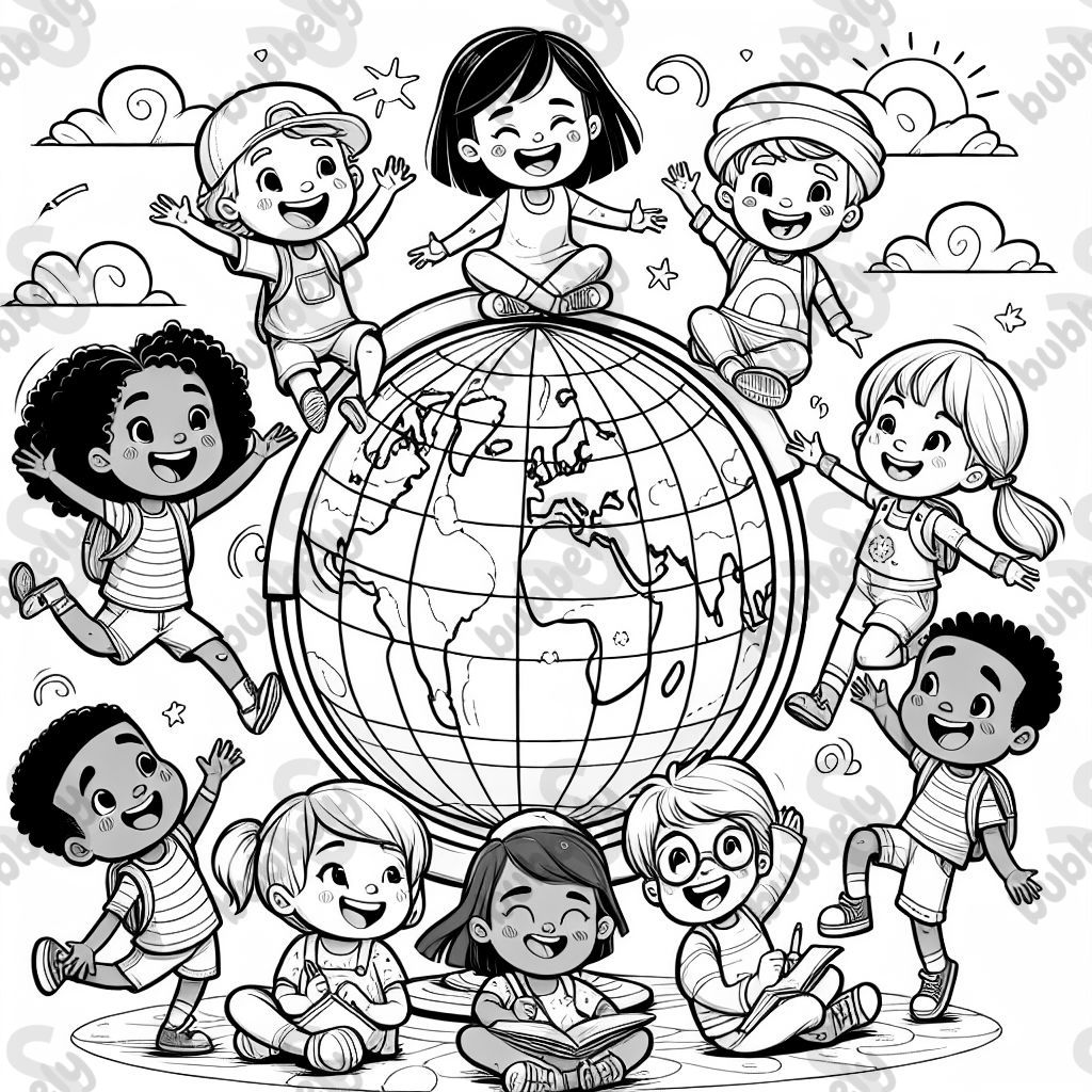 Weltglobus mit neun Kindern