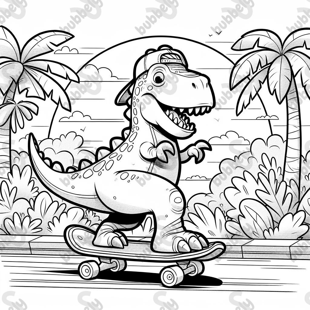 Dinosaur named Bruce riding a skateboard 