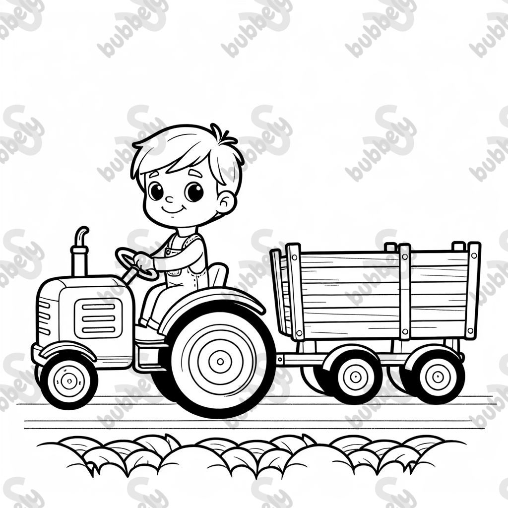 a little boy riding a tractor with a trailer