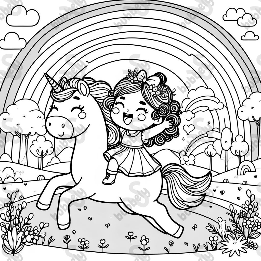 Little girl with curly hair riding a unicorn with a rainbow in the background.
