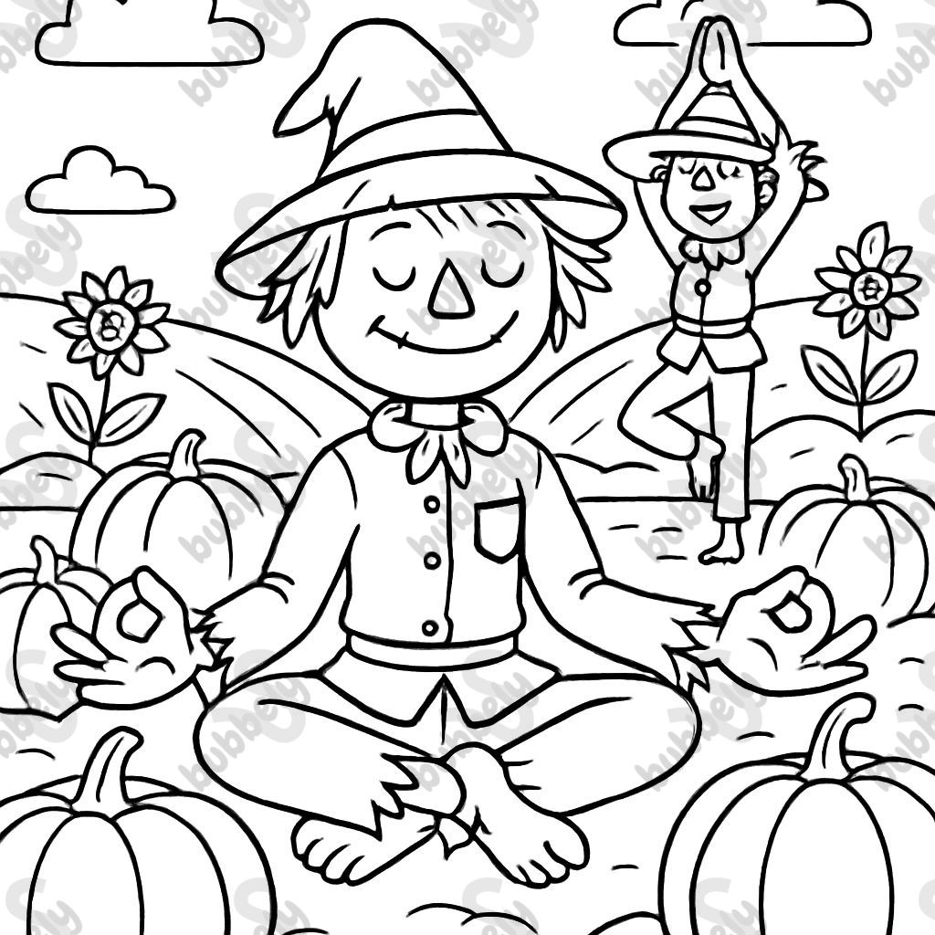 scarecrows meditating and doing yoga in a pumpkin patch