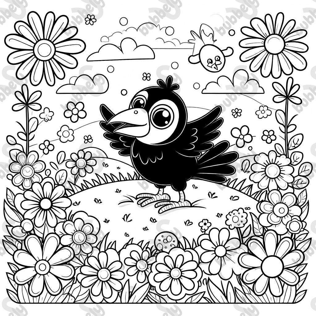 A crow surrounded by flowers