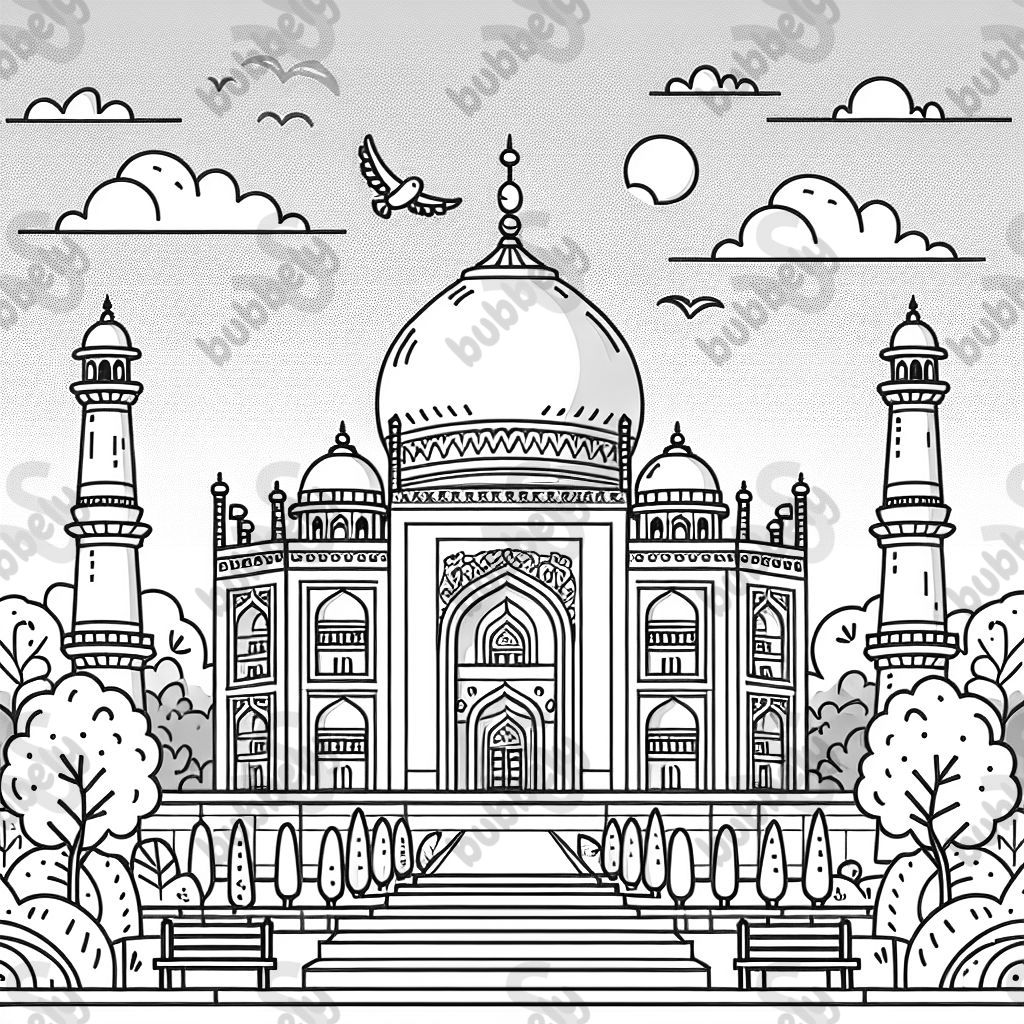The Taj Mahal is a beautiful mausoleum in India, known for its stunning architecture and beautiful gardens. It is a popular subject for children's drawing and coloring pages.