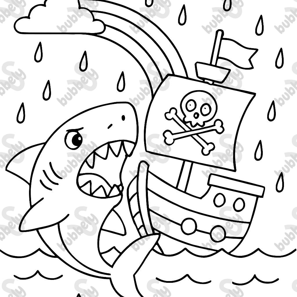 Megalodon attacking a pirate ship and its raining with a rainbow.