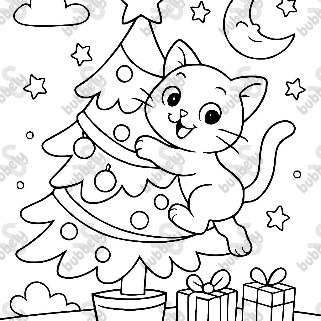 a kitty climbing a Christmas tree