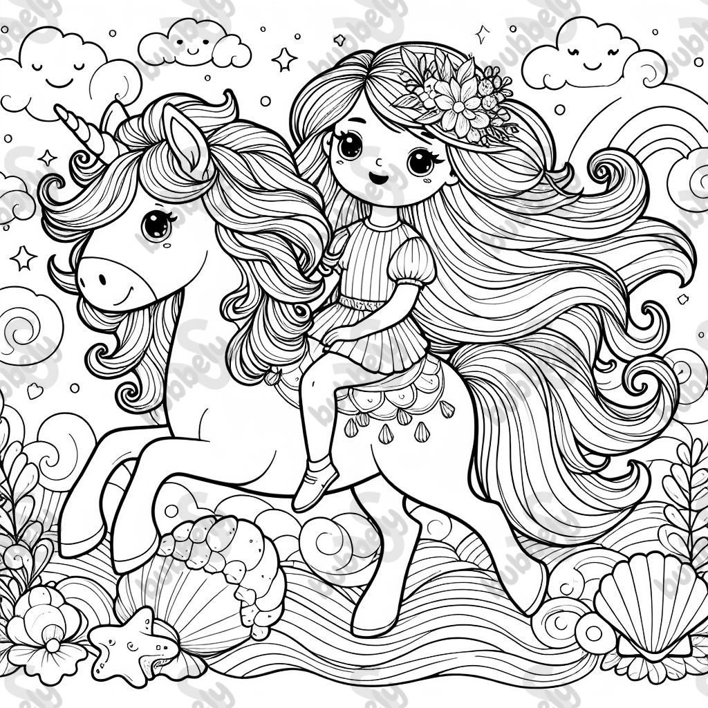 Merida chevauche une licorne avec une coquille, une fleur et un cœur sur son dos.