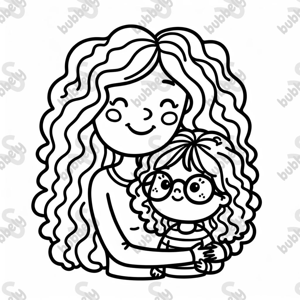 A white woman with curly hair hugging a little girl with straight hair and glasses.