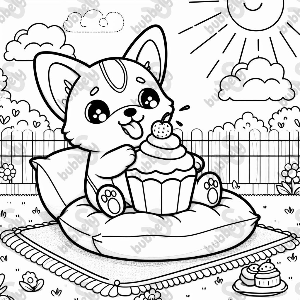corgi dog eating a cupcake on a pillow