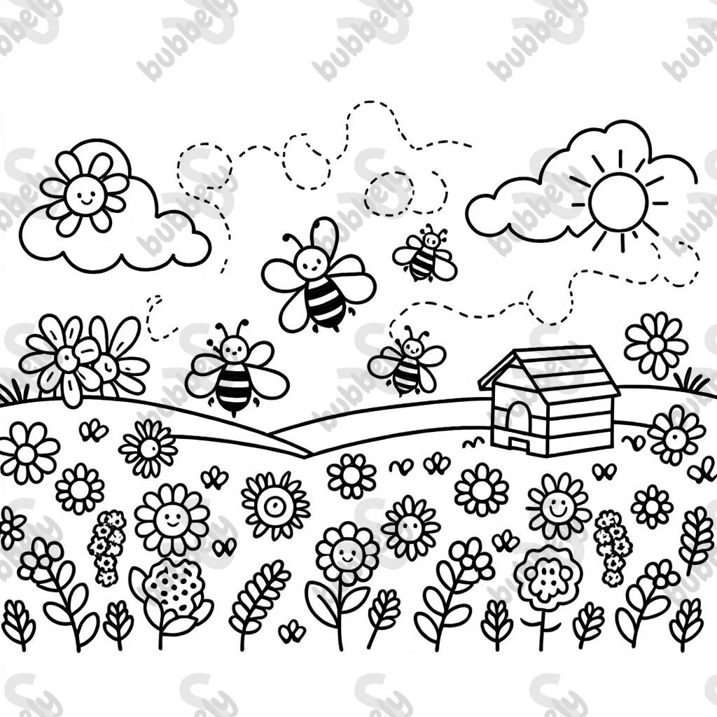 A field with flowers, bees, and honey bee hives.