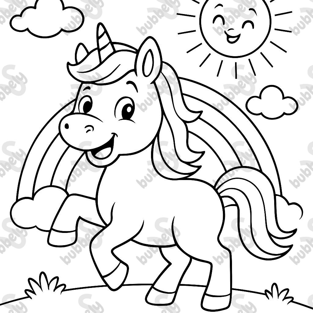 a unicorn with rainbow and sunshine