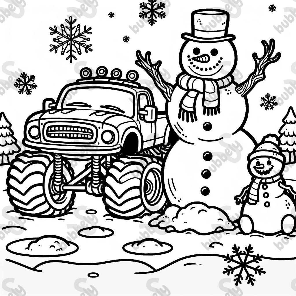 a monster truck with a snowman