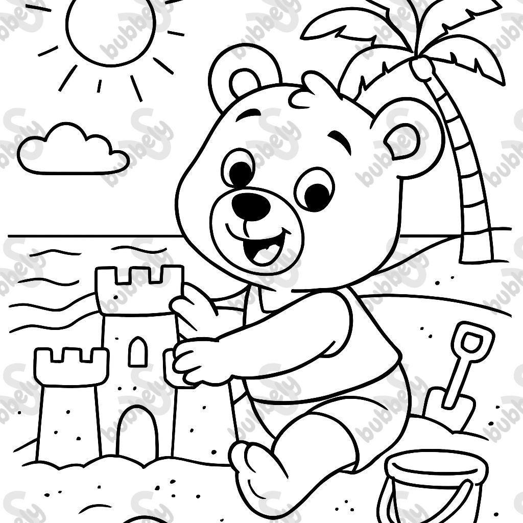 bear in the beach building sandcastle