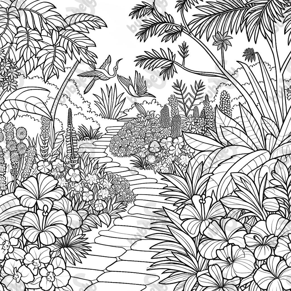 Lush Garden Path: A winding path through a lush garden, bordered by an array of tropical plants and flowers. Exotic Blooms: A rich variety of exotic flowers, including hibiscus, orchids, bird of paradise, and plumeria, in full bloom and bursting with color.