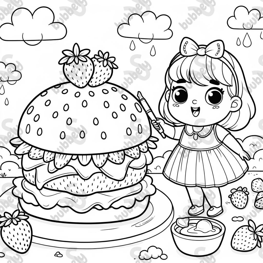 a hamburger with strawberries being eaten by a girl