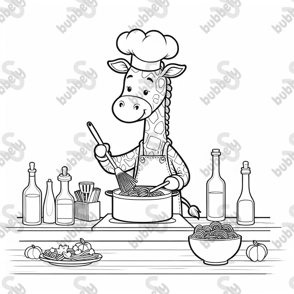 A giraffe that’s a chef cooking pasta.