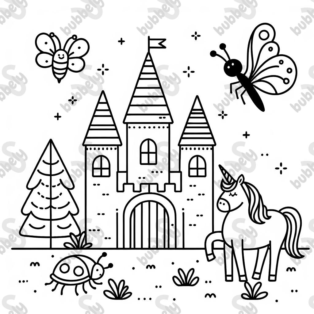 Ein Schloss mit einem Einhorn einem Schmetterling und einem Käfer