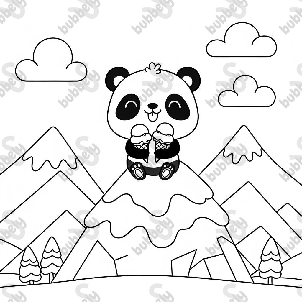 Panda on a mountain eating an ice cream with two scoops