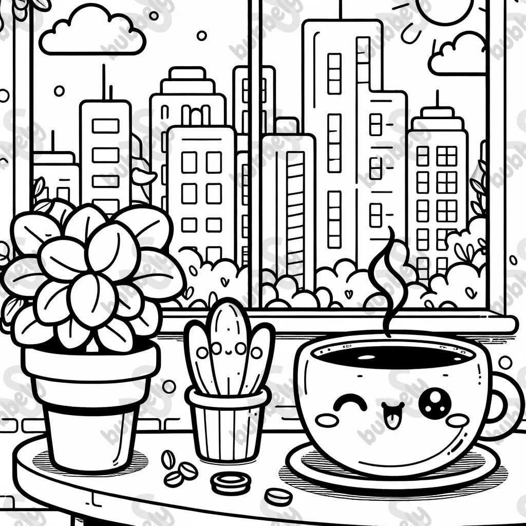 A cute coffee shop window with a steaming cup of coffee on the table, a tiny potted plant, and a view of a cityscape in the background. A cute coffee shop window with a steaming cup of coffee on the table, a tiny potted plant, and a view of a cityscape in the background.