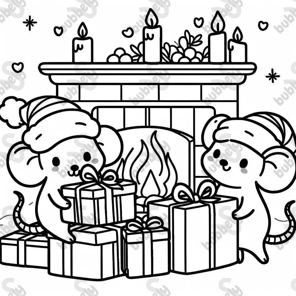 mäuse mit weihnachtsmützen, die vor einem flackernden kaminfeuer geschenke einpacken