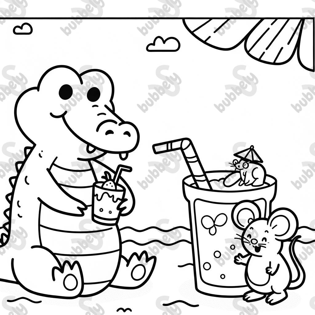 Crocodile and mouse drinking a smoothie