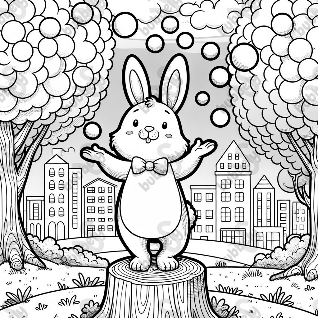 Ein Hase der vor einer Stadt auf einem Baumstumpf steht und jongliert.