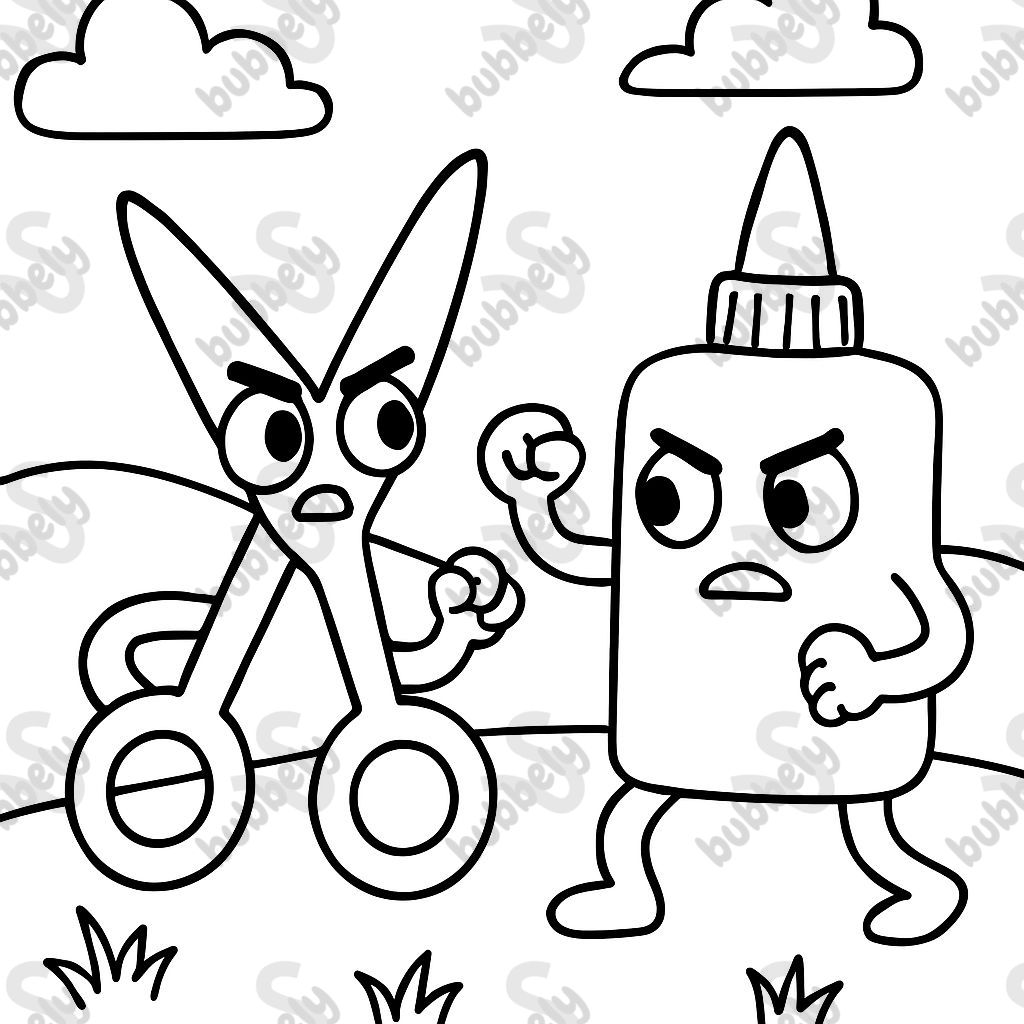 Scissors with eyes fighting glue with eyes