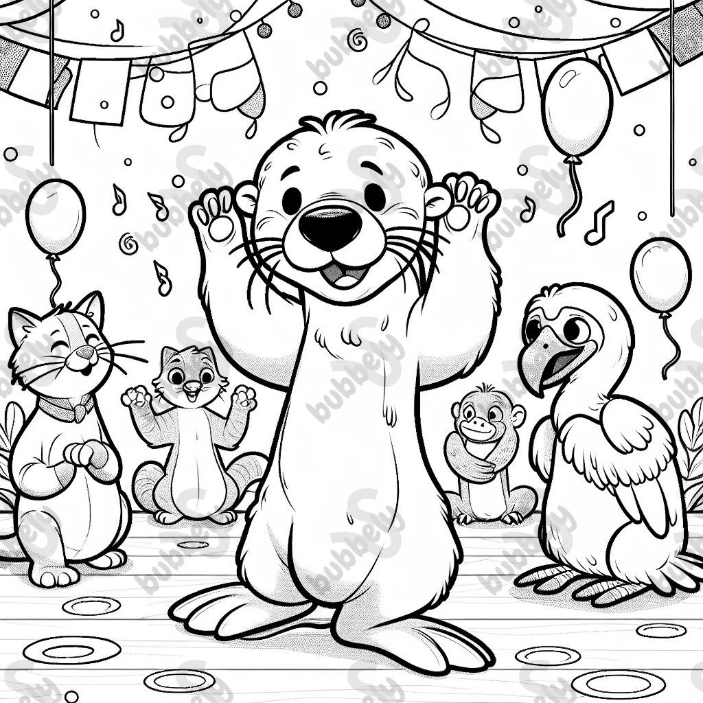 einen Otter der eine tanzparty mit einer katze ,einem faultier und einem dodo macht