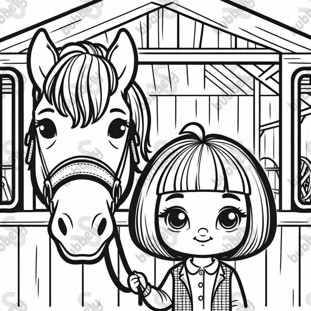 a horse at a riding school with a girl with a bob haircut
