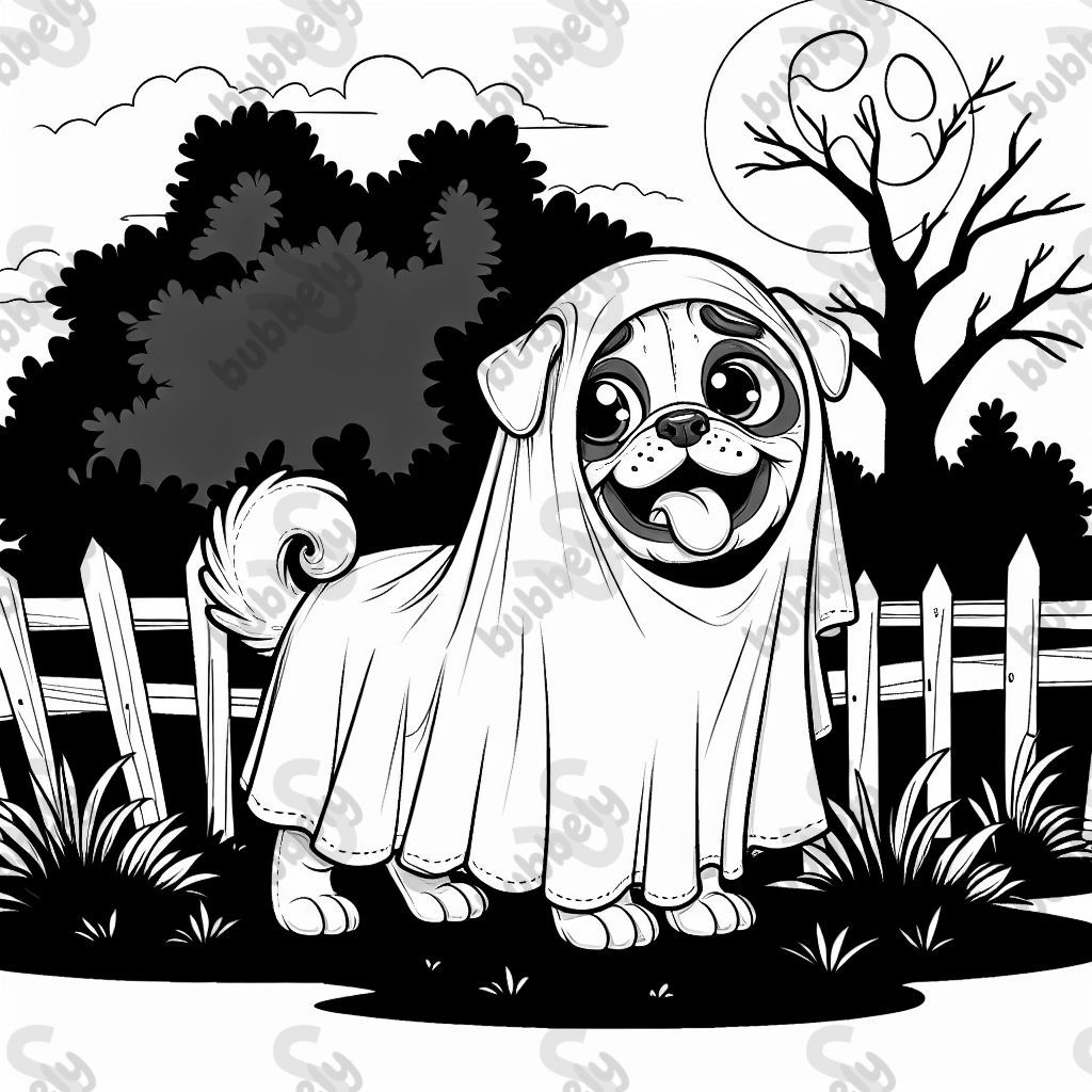 a pug with a ghost sheet
