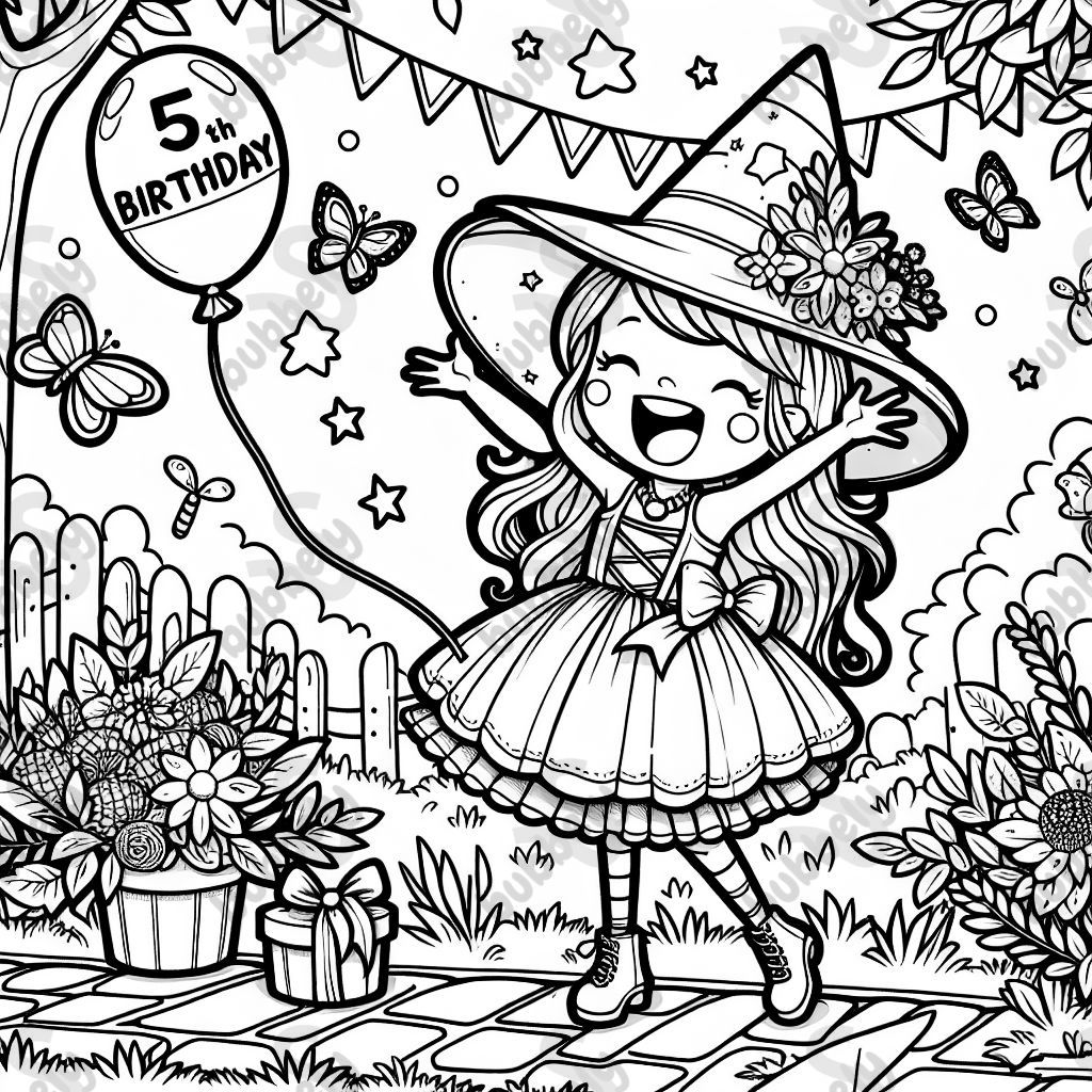 a sweet witch girl celebrating her 5th birthday in the park
