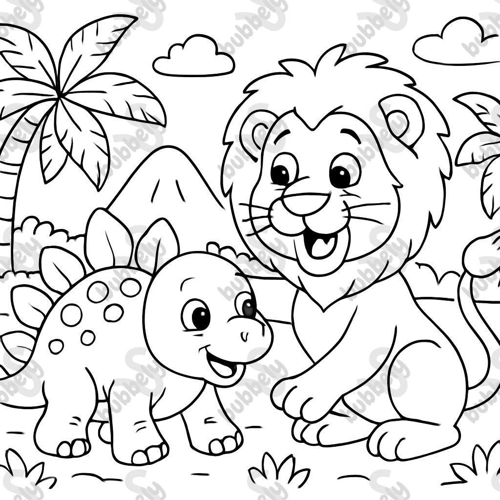 Lion being friends with a baby stegosaurus Lion being friends with a baby stegosaurus