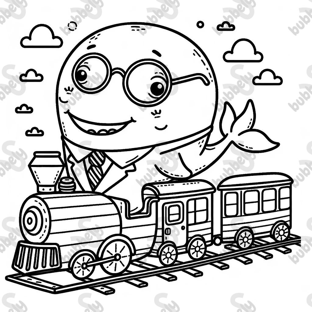 ein Wal mit Brille und Krawatte der im Zug sitzt