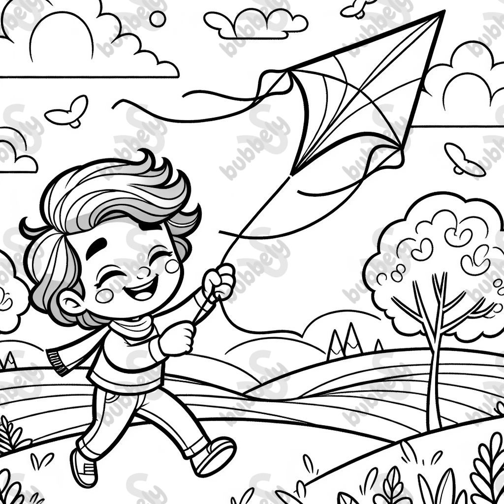 A boy with brown wavy hair flying a kite