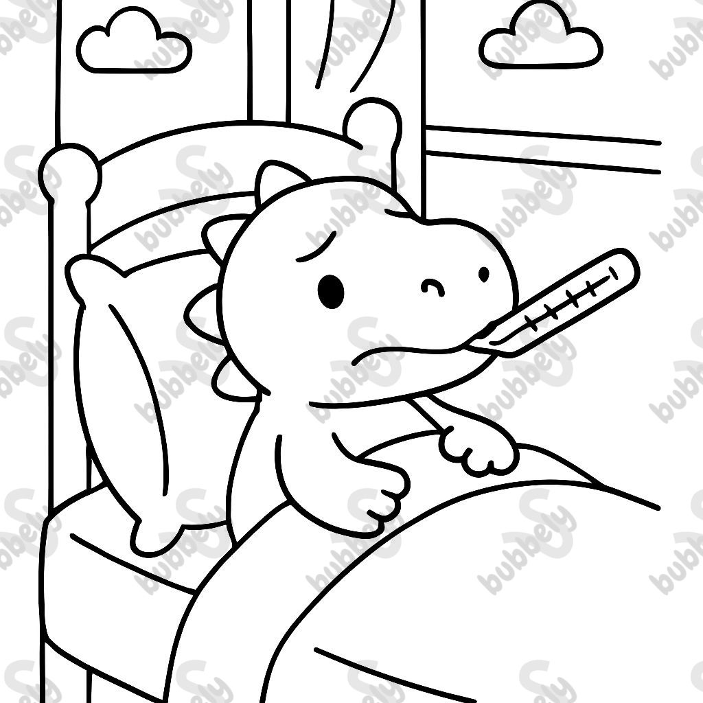 T-Rex stuffed toy in bed with a thermometer